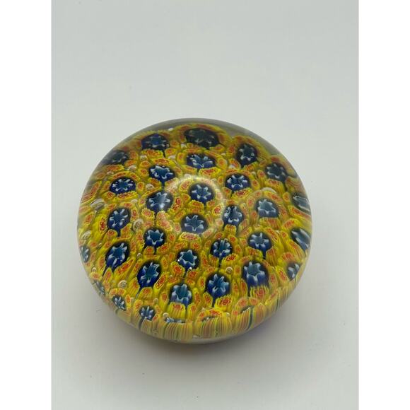 Vintage Glass Paperweight With Yellow and Blue Flowers - Picture 3 of 4